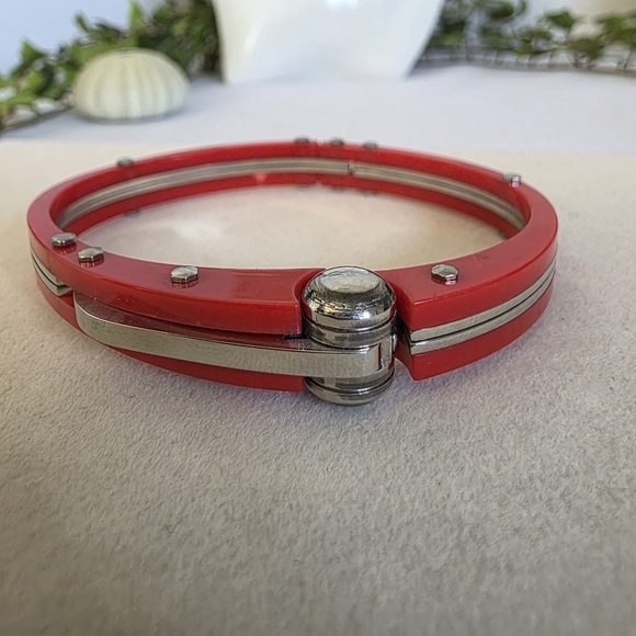 Unique Red Acrylic and Silver Stainless Steel Handcuff Style Bracelet - Picture 4 of 12